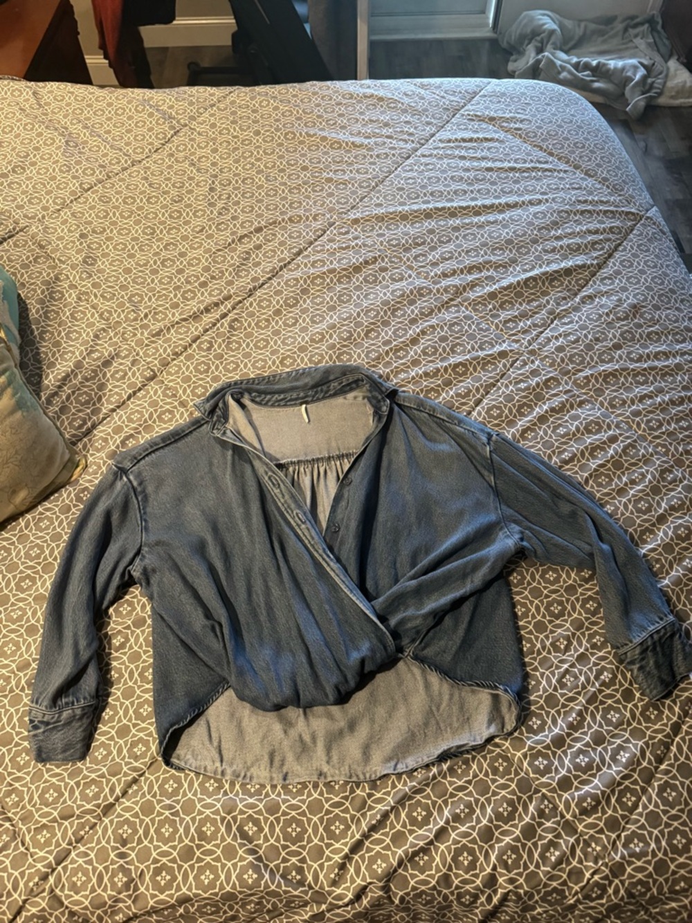Women's Washed Blue Button-Down Wrap Shirt